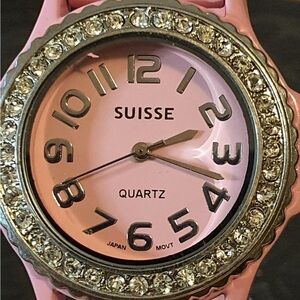 🦋10/$20🦋 Suisse P857 Silver/Pink Rhinestone Silicone Women's Watch